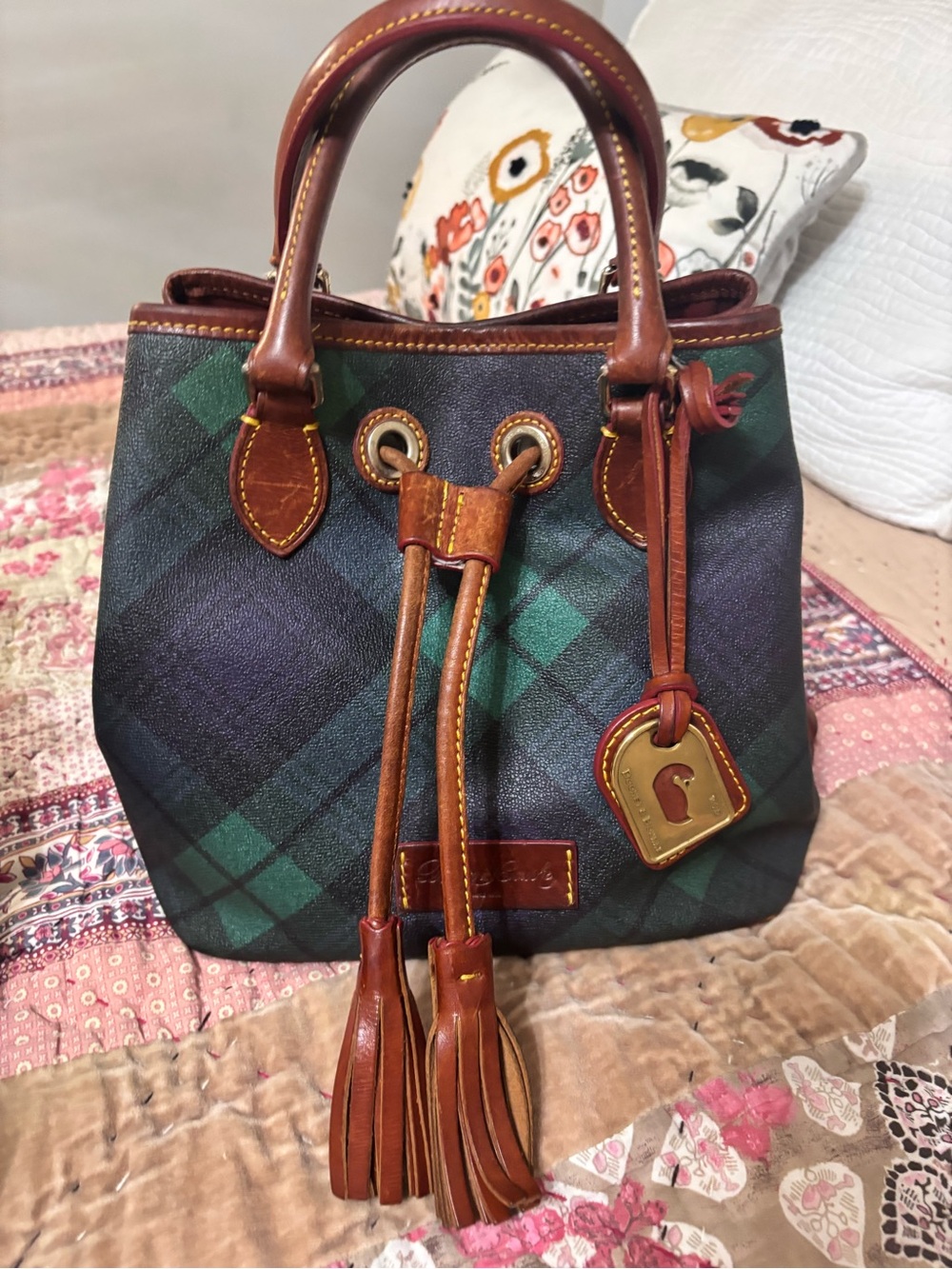 Dooney & Bourke Green and Black Plaid Leather-Trim Drawstring Tote